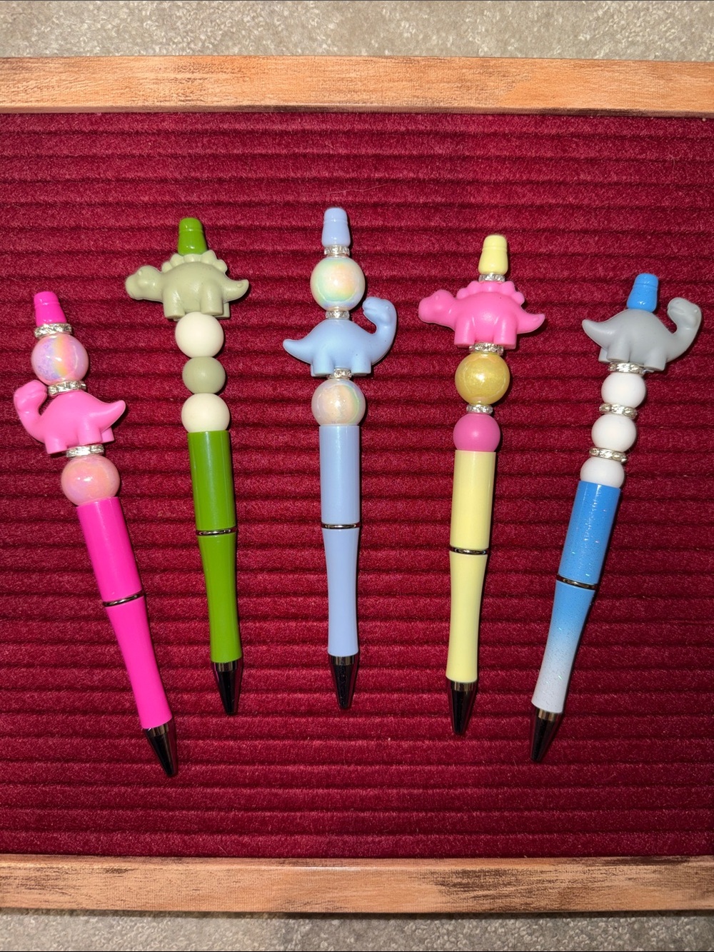 5 piece Cute Dinosaur Bead Pens - Pink, Green, Blue, Yellow, Gray hand crafted